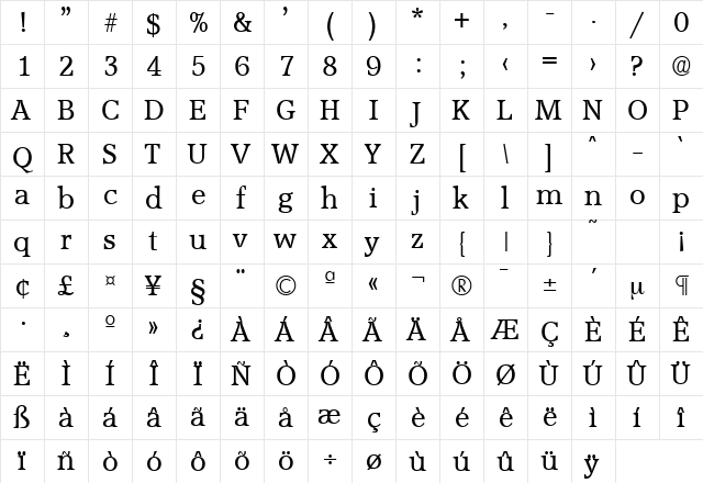 Accolade-Serial Regular  glyph index