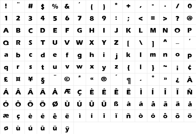 Eras-Bold Regular  glyph index