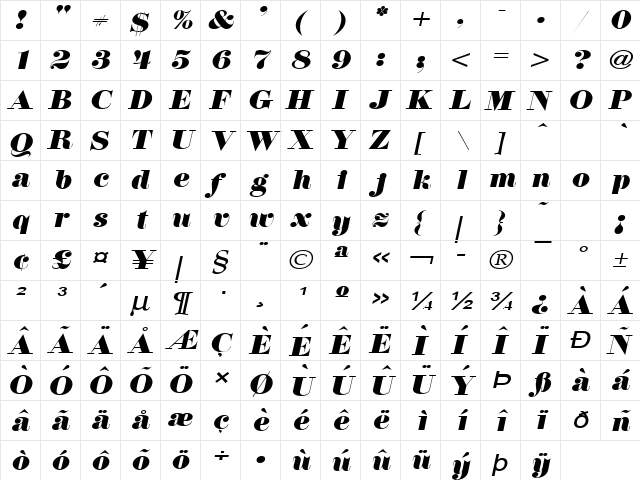 Floral Wide Italic  glyph index