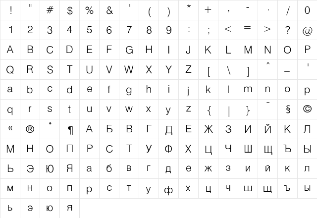 Helvetica_Light-Normal Regular  glyph index