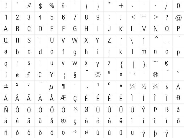 Zurich LtCn BT Light  glyph index