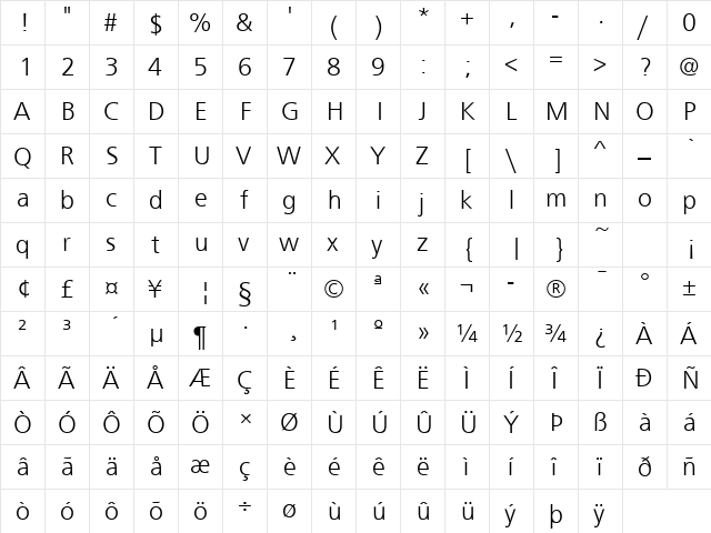 FrontPageLH Regular  glyph index