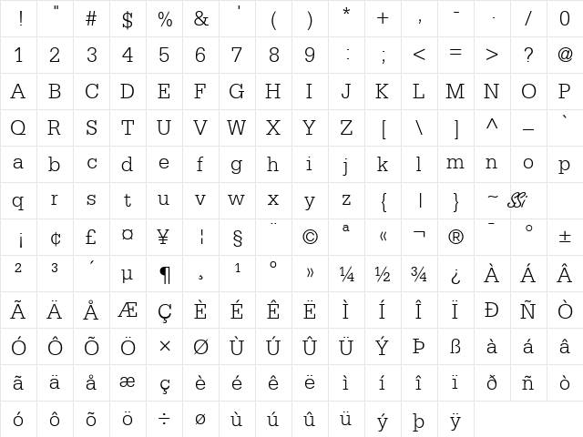 Metron Light SSi Light  glyph index