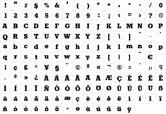 Stafford-Bold Regular  glyph index