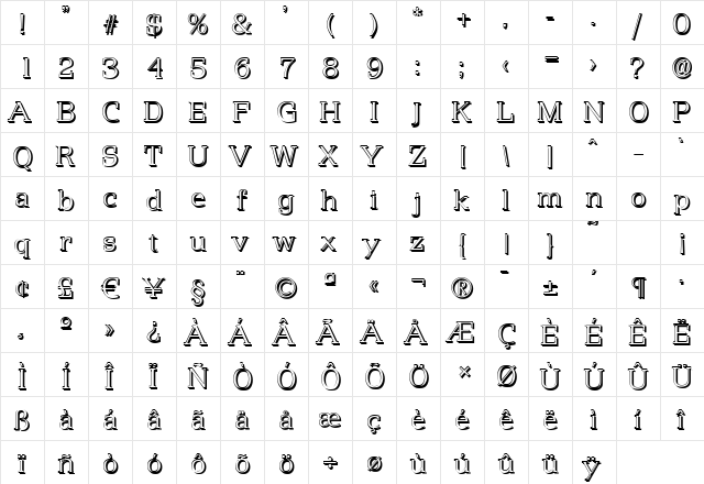 MartinBeckerShadow-Xlight Regular  glyph index