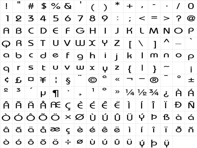UniqueExtended Regular  glyph index