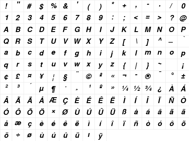 TurkishSansSSK BoldItalic  glyph index