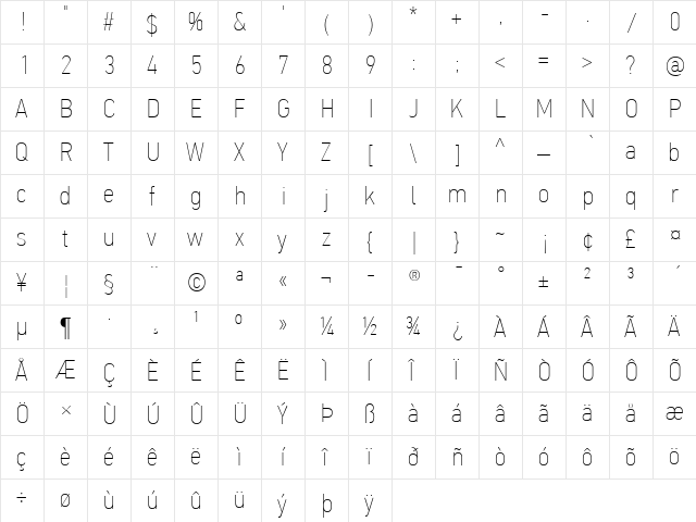 PF Din Text Cond Pro Extra Thin  glyph index