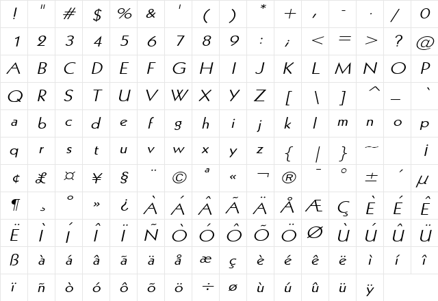 Geo 112 Wide Italic  glyph index