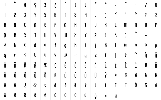 Hairball BRK Regular  glyph index