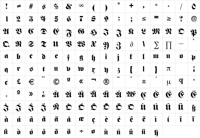 F692-Blackletter Regular  glyph index