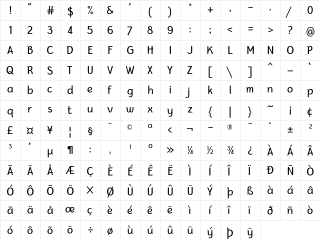 Bertina Regular  glyph index