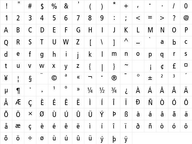 Frutiger LT Com 57 Condensed  glyph index