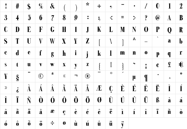 Bodoni Classic Condensed Bold  glyph index