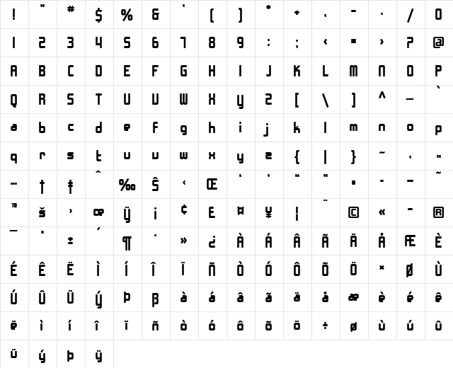 SF Chrome Fenders Bold  glyph index