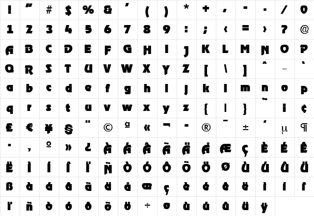 JoeBecker-Black Regular  glyph index