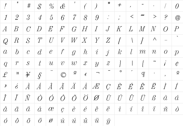 Ivalencia Xlight  glyph index