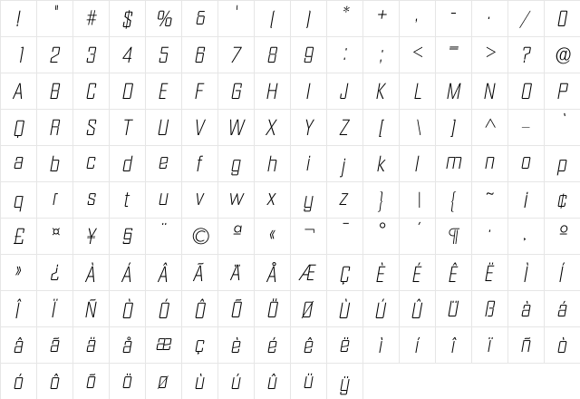 Idiamante Xlight  glyph index