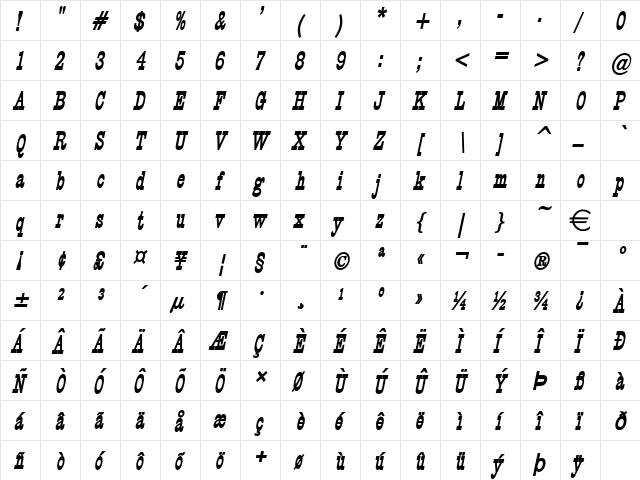CircusThin BoldItalic  glyph index
