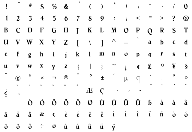 BelliniMediumCondensed Regular  glyph index