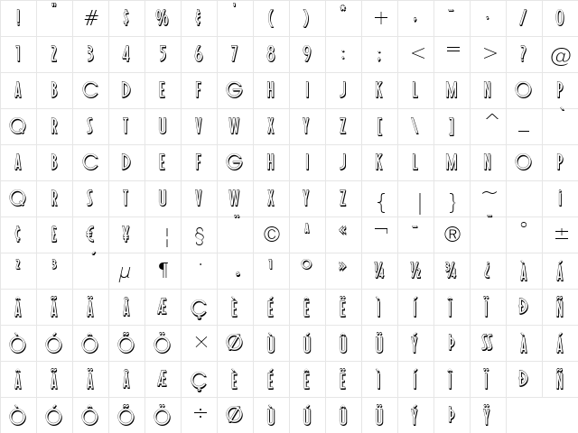 Toasted Vein BTN Shadow Regular  glyph index