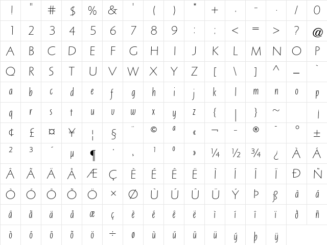 Arta Std Light Italic  glyph index