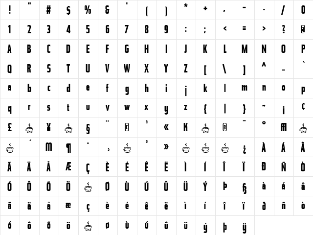 Tasse Bold  glyph index