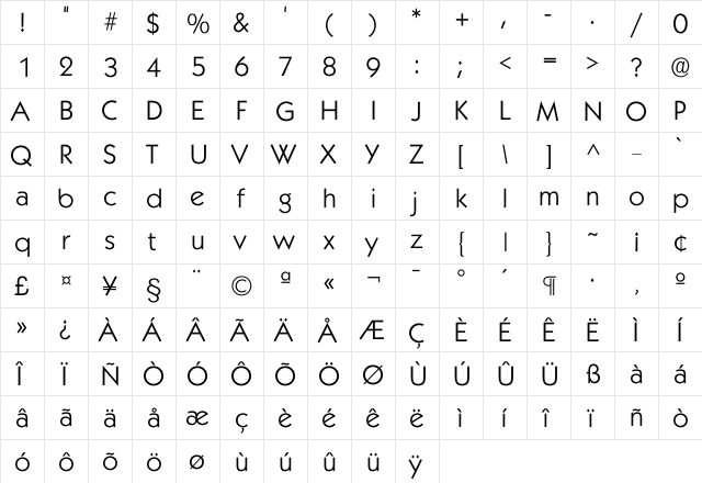 Kabel Light  glyph index