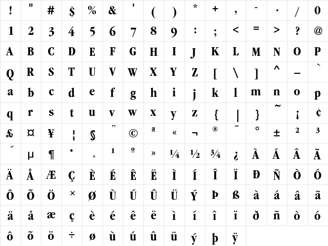 GaramondEF BoldCondens  glyph index