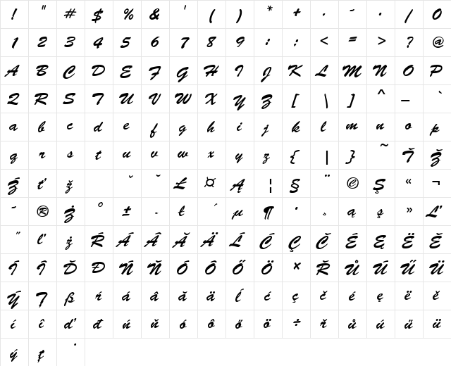 BrushScrDEE Regular  glyph index