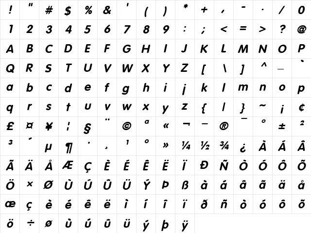 Balloon Bold Oblique  glyph index