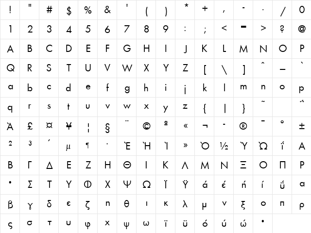 HellasFun Plain  glyph index