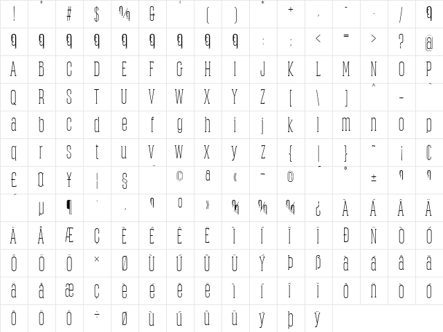 Obcecada Serif Regular  glyph index