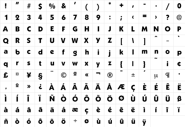 Koblenz-Bold Regular  glyph index