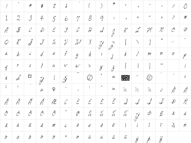 CarolinesHand Regular  glyph index