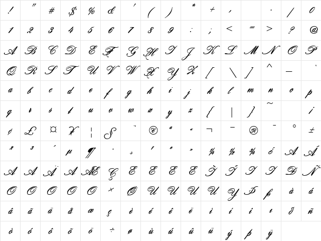 BroadmoorScriptSSK Bold  glyph index