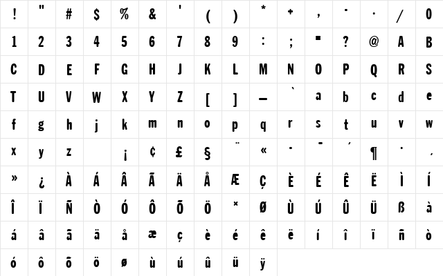 FranklinGotTExtConRo1 Regular  glyph index