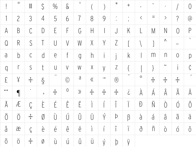 Interstate ExtraLight Cond  glyph index