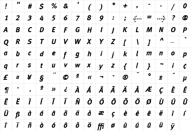 MetaPlusLining Bold Italic  glyph index