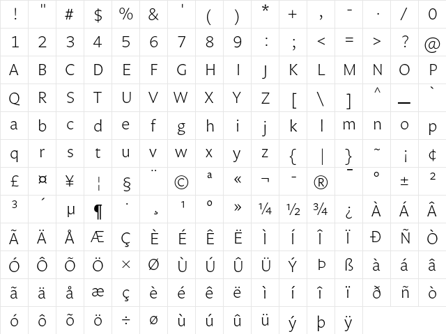 Legato TF Light  glyph index