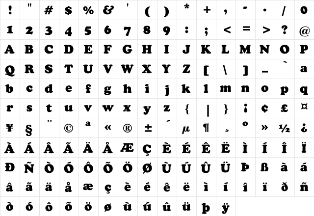 CooperBT-Black Regular  glyph index