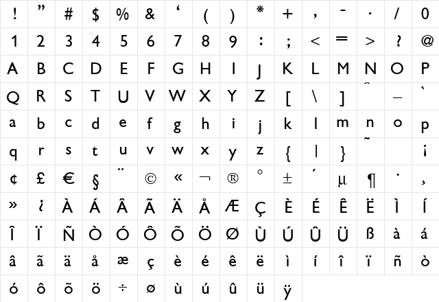 Gibson Regular  glyph index