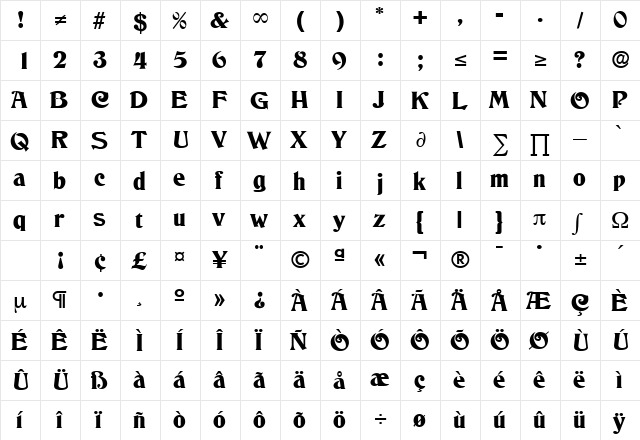 Columbus Medium  glyph index