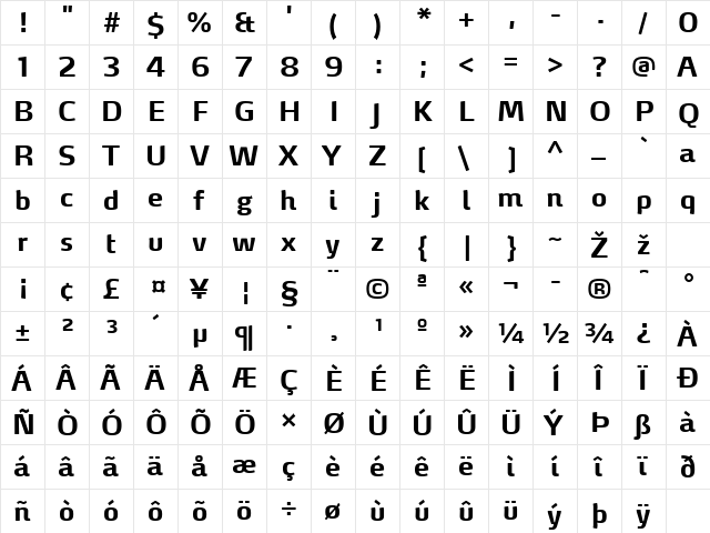 MaxDemiSerifLF-Bold Regular  glyph index