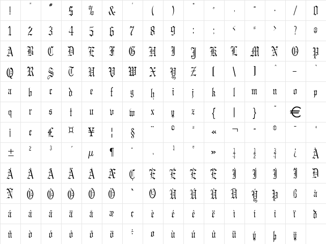GregoryThin Normal  glyph index