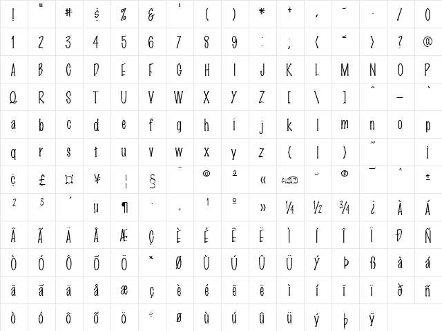 MarkingPen-Thin Regular  glyph index