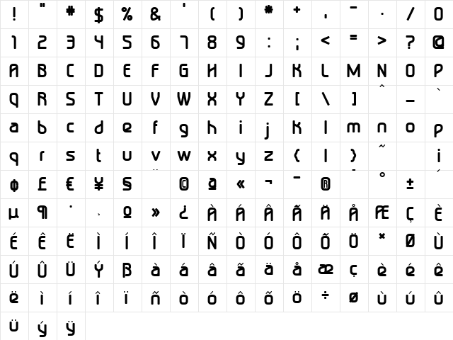 TurboBold Regular  glyph index