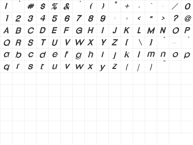 Uptight Italic Regular  glyph index
