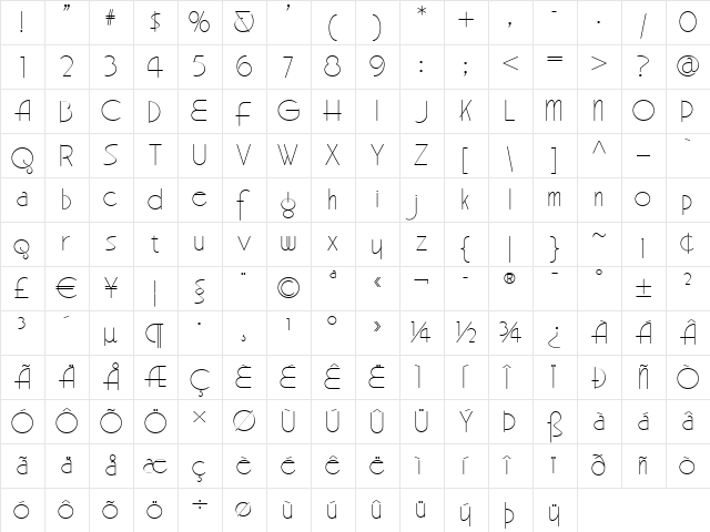 BeckerMonolineModernNF ExtraLight  glyph index