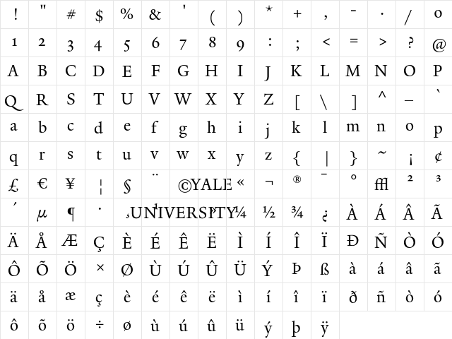 YaleDesign Roman  glyph index